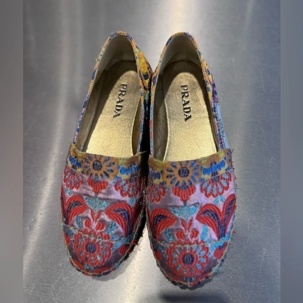 Prada Multicolor metallic Jacquard 20mm jute Espadrille size EU 35
